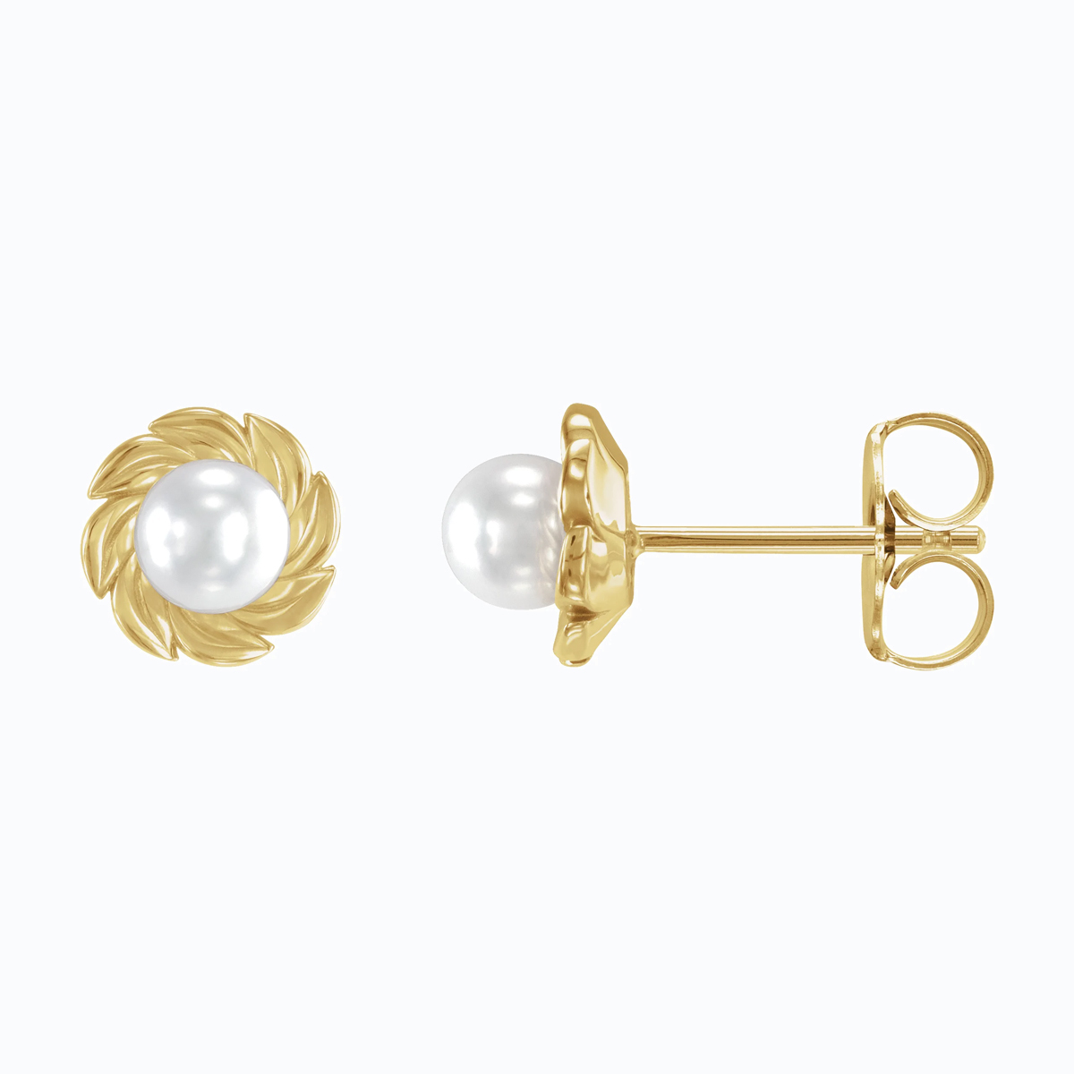 Leaf Motif Cultured Akoya Pearl Stud Earring, 14k Yellow Gold